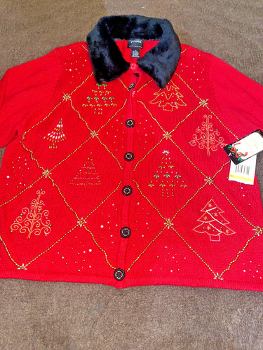 VTG Beaded Christmas Sweater 2XL Designers Original Studio Joy Christmas Trees