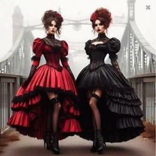 Gothic Red Black High Low Prom Dresses Historical Victorian Corset lace-up Gown