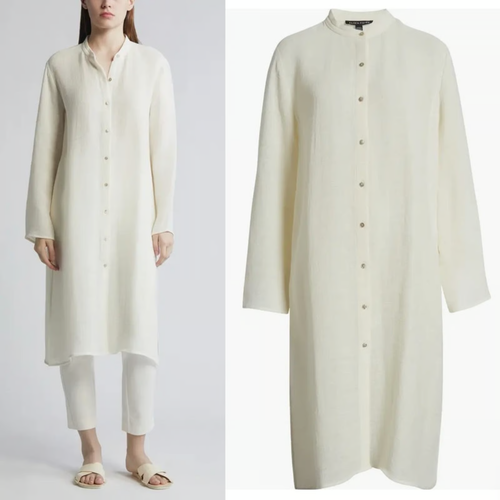Nueva Camisa Abotonada EILEEN FISHER Cuello Banda Mezcla Lino Orgánico (XL) $228