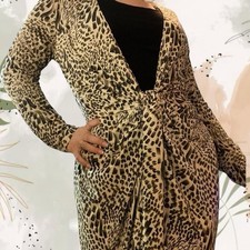 Bandolino Womens L Leopard Animal Print Wrap Midi Dress V-Neck Tie Stretch