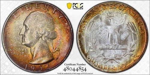 1952 S Washington Quarter MS67+ PCGS And CAC Green Sticker. Toned!