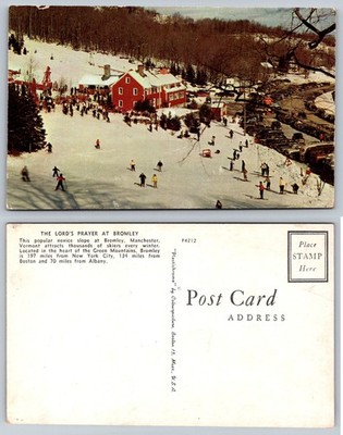 Vtg Bromley Mountain Ski Resort Vermont Postcard 1950s Skiing Lodge Cars