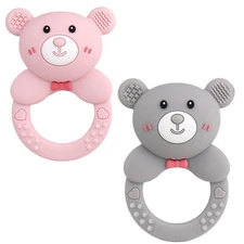 Baby Bear Teething Ring Rattle, Soft Silicone Teether Toy, Grey Pink