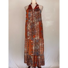 Fashion Fuse Bohemian Halter Maxi Swing Dress in Rust Paisley Size Small