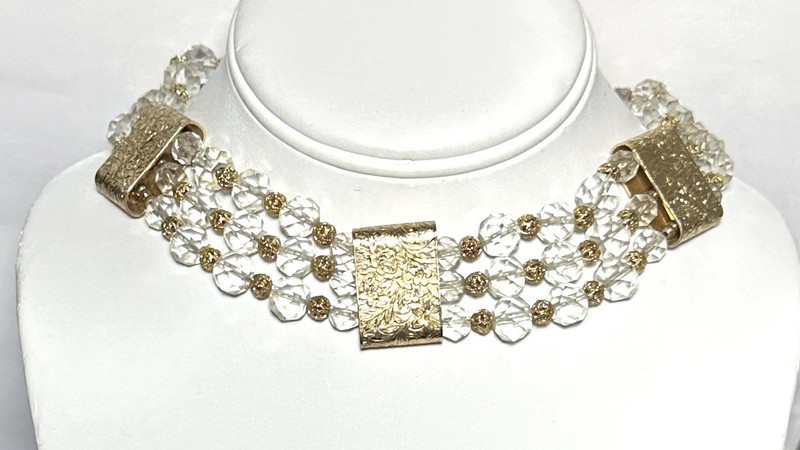 Napier Crystal & Filigree Bead Necklace, Flower Embossed, Rare Side Clasp, 1950s