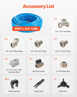 VEVOR 100ft Air Compressor Line Kit 3/4'', HDPE-Aluminum Piping System