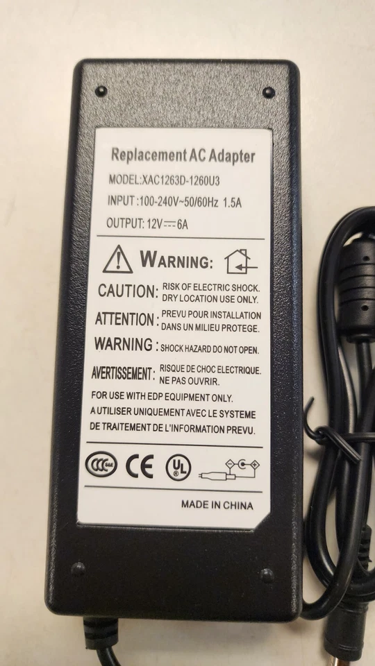 12V 6A XAC1263D-1260U3 AC-DC Adapter Charger Power Supply Cord For LCD Monitor Y - Image 3 of 3