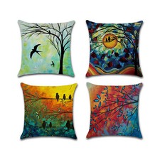 Set of 4 Pillow Covers 18x18, Oil Painting Abstract Birds Pattern Set 45x45cm