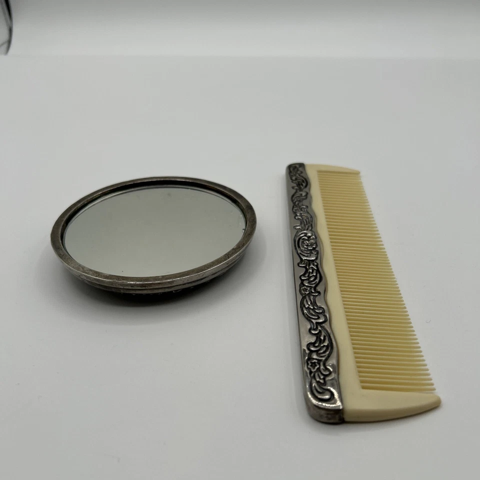 Celluloid Comb Silver Plate Edge & Floral Design With Compact Mirror Vanity Set - Image 2 of 4