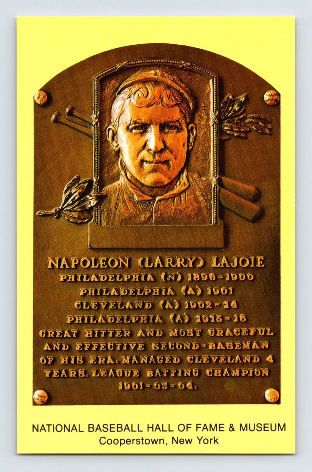 Postcard Baseball Napoleon Nap Lajoie Hall Fame Plaque 1990s Unposted