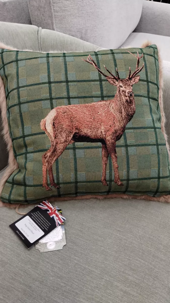 NEW Hines of Oxford STAG GREEN PLAID FAUX FUR Tapestry Throw Pillow Cushion