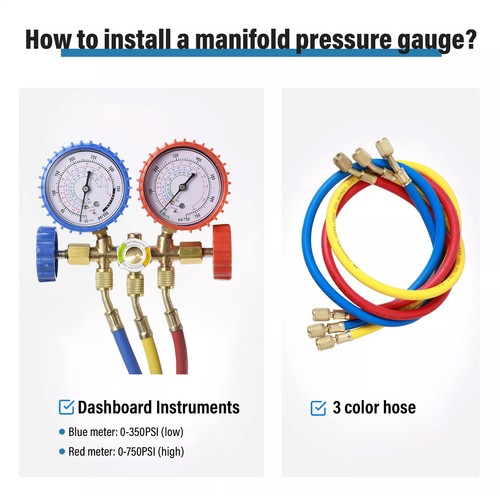 AC Manifold Gauge Set A/C Refrigeration 3 Way Hose Fit For R502 R134a R12 R22 - Picture 7 of 9