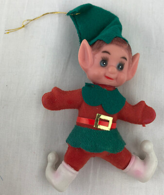 Vintage Pixie Elf Boy Ornament Rubber Face Red Green White Boots Whimsical