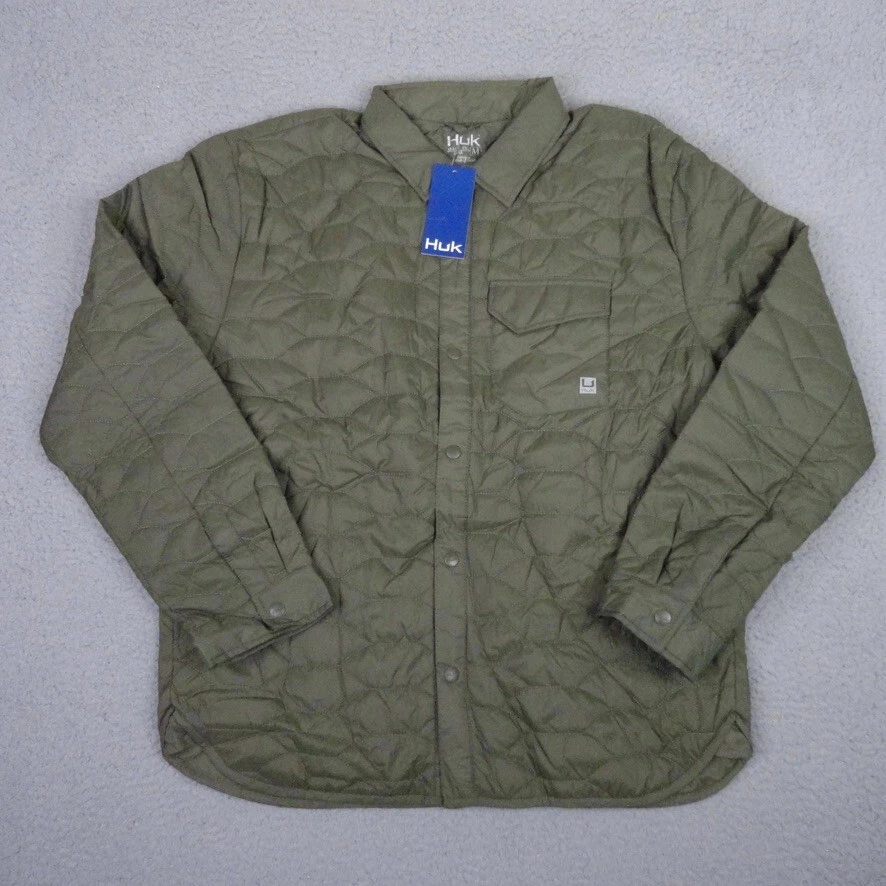 Huk Tarpon Quilt Shacket Mens Medium Green Nylon Snap Front Fishing Jacket NWT