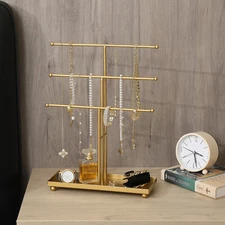 3 Tier Brass Metal T-Bar Jewelry Organizer Stand, Hanging Display w/ Ring Tray