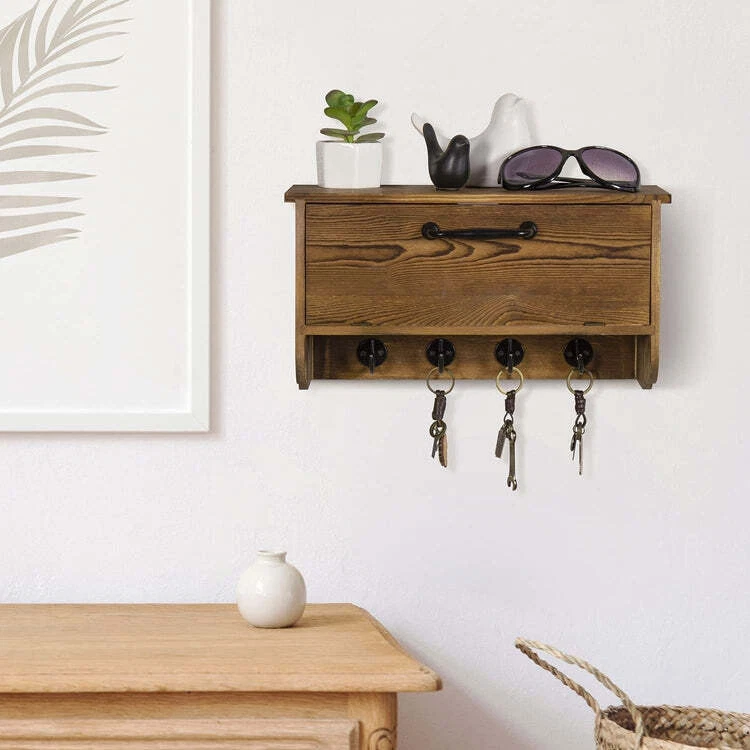 Entryway Organizer Rack w/ Cabinet & Black Metal Key Hooks, Storage Cubby  Shelf