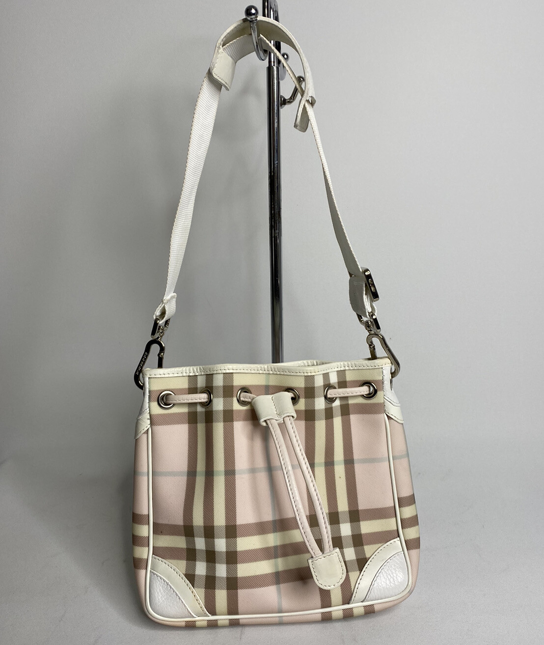 Beige Nova Check Coated Canvas Drawstring Bucket Bag