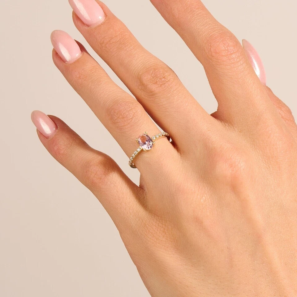 1.2 Ct Oval Cut Lab-Created Peach Morganite Side Stone Ring 14K Rose Gold Plated - Image 4 of 4