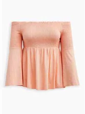 Torrid Knit Smocked Off Shoulder Bell Sleeve Top Peach 1 1X 14 16 #B35491