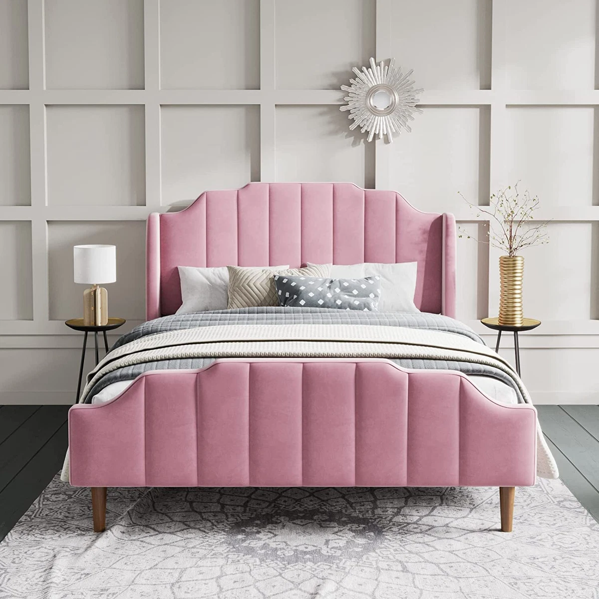 Queen Size Bed Frame with Modern Curved Velvet Wingback Headboard