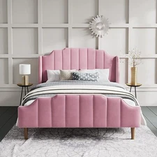 Queen Size Bed Frame with Modern Curved Velvet Wingback Headboard, Pink