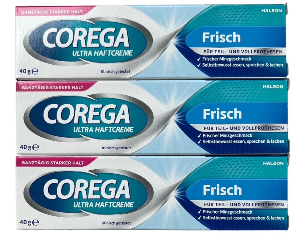 3x COREGA Ultra Haftcreme Frisch, starker Halt, Frischer Minzgeschmack (3x40g)