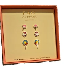 F.A.O Schwarz Sterling Silver and Crystals Stud Girls Earring Set NEW Gift Box