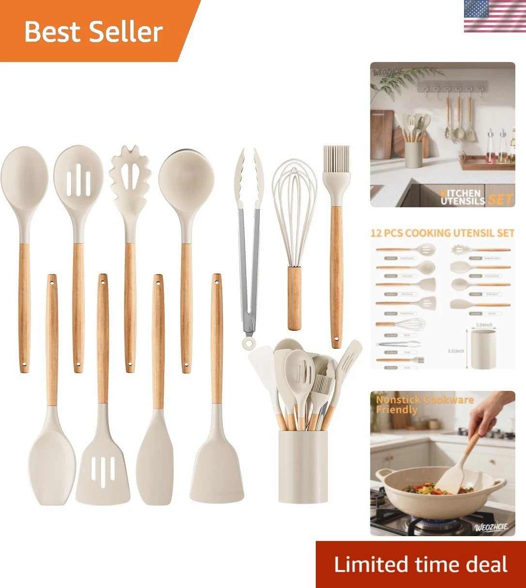 Silicone Cooking Utensil Set,12 PCS Cooking Cookware Kitchen Utensils Set for...