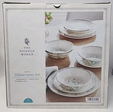The Pioneer Woman Agatha 12-Piece Stoneware Dinnerware Set Green Flower. New