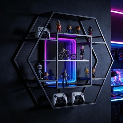 Infinity Mirror Gaming Floating Shelves with LED Lights, Hexagon Wall Mounted