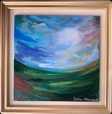 Original Acrylic Signed Abstract Landscape Painting Blue Green Colors Framed