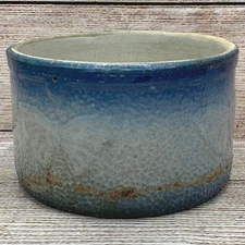 Vintage Salt Glaze Butterfly Decorated Butter Crock Stoneware Blue Ombre