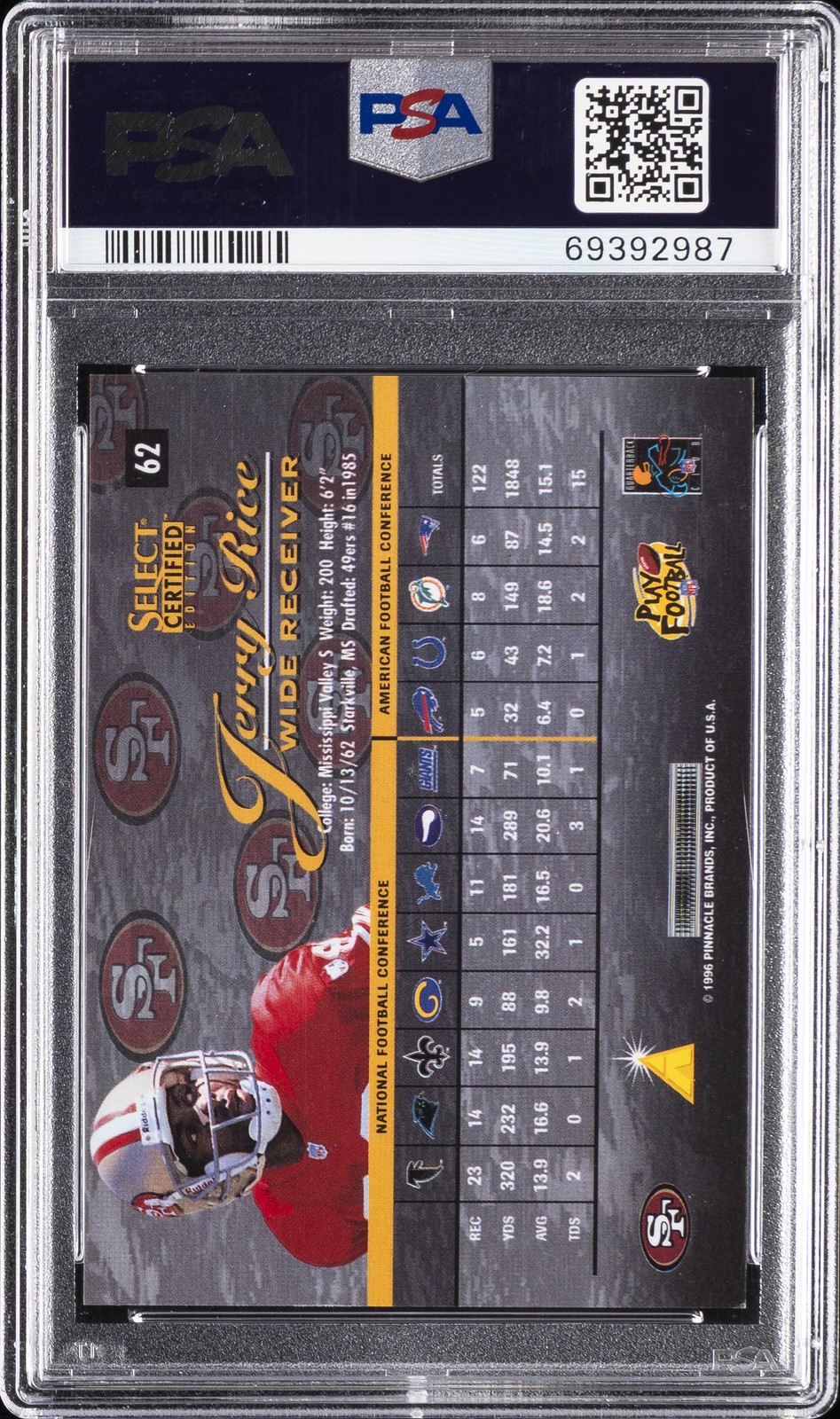 1996 SELECT CERTIFIED RED #62 JERRY RICE PSA 8 view 2