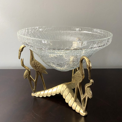 Vintage Solid Brass Crane Heron Base With Crackle Glass Bowl Art Deco 8.25''