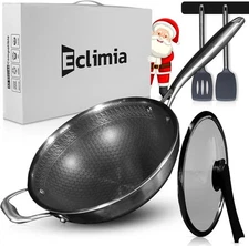 Honeycomb Wok Pan w/ Lid, Multi-Ply Woks & Stir-Fry Pan w/ Lid & 2 Spatulas 9.5"