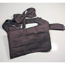 Calvin Klein Mens 100 Silk Cummerbund and Bow Tie Set Plum Micro Dot Made USA