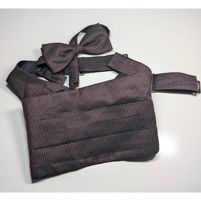 Calvin Klein Mens 100% Silk Cummerbund and Bow Tie Set Plum Micro Dot Made USA