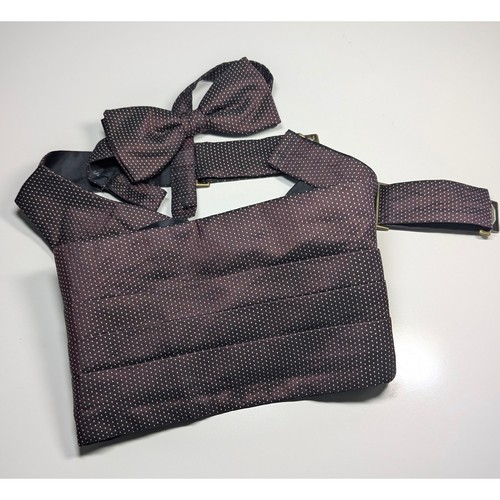 Calvin Klein Mens 100% Silk Cummerbund and Bow Tie Set Plum Micro Dot Made USA