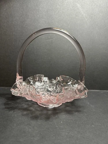 Fenton Small Light Pink Ruffled Edge Basket With Handle Floral Pattern  6”x 6”
