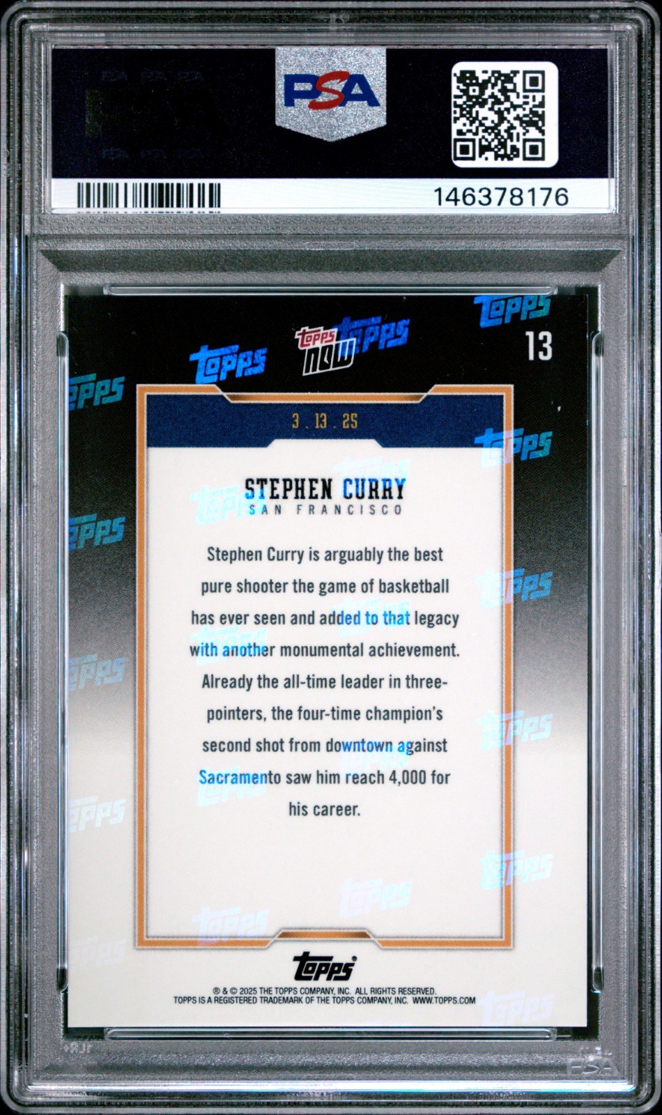 🔥 2024 Topps Now Stephen Curry #13 - 4,000 Career 3-Pointers PSA 10 Warriors 🏀 view 2