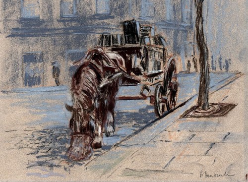 BARBARA HANDCOCK Pastel Drawing HORSE AND CART IN STREET LANDSCAPE - Picture 4 of 6