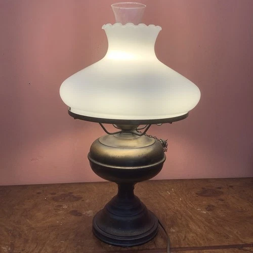 Vintage Antique Electrified Brass Oil Hurricane Lamp With Milk Glass Shade
