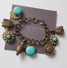 MIRIAM HASKELL 30'S BRASS TWISTED CABLE LINK BRACELET: DANGLES TURQUOISE ACCENTS