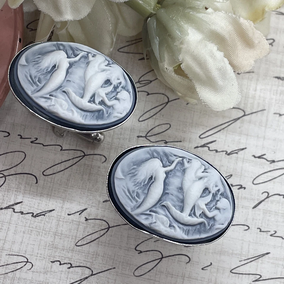 Abotoaduras azul camafeu prata sereia oceano praia gótica steampunk fumaça - Imagem 3 de 4