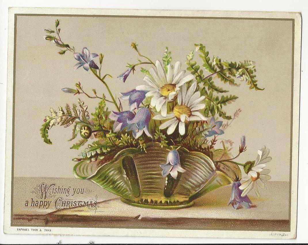 VICTORIAN CHRISTMAS CARD - SHAPED BOWL OF FLOWERS RAPHAEL TUCK 1884