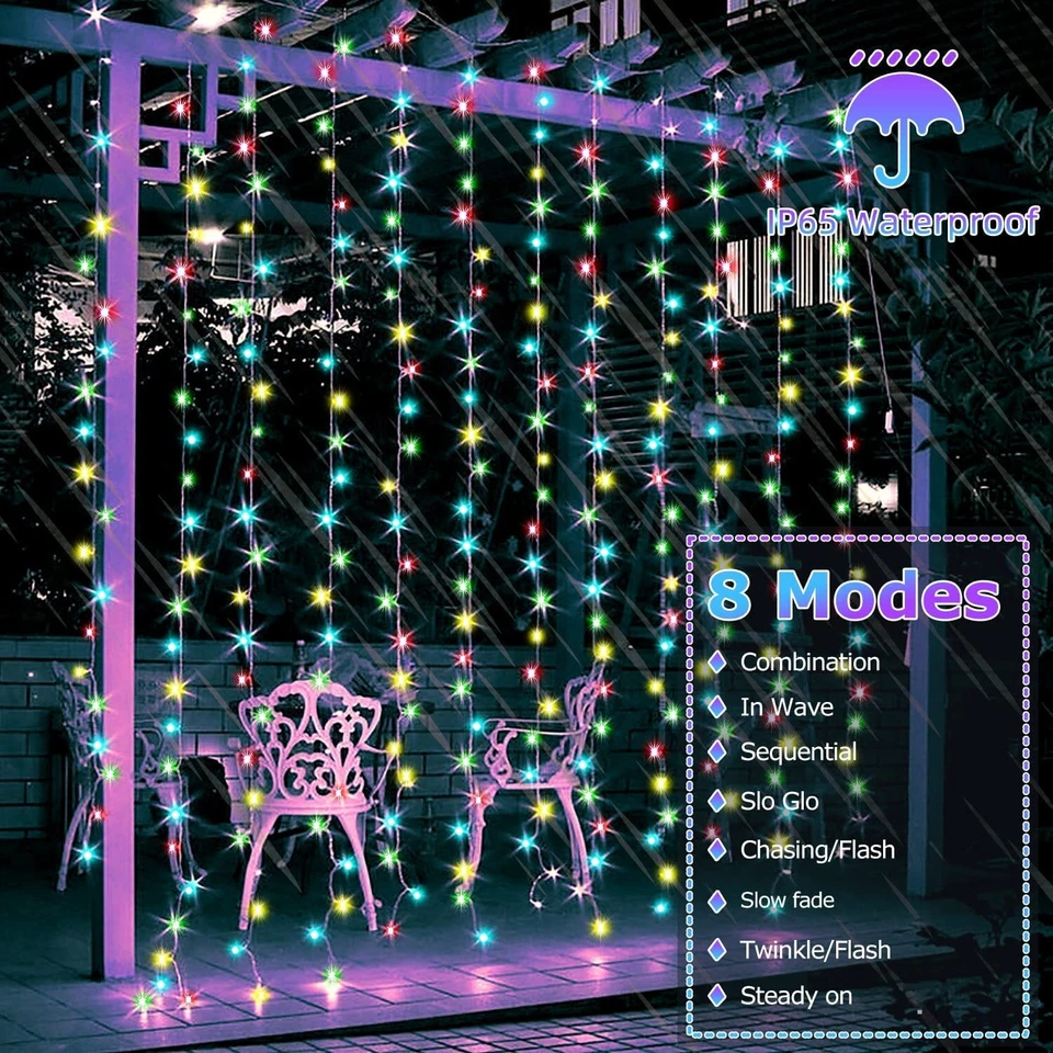 Outdoor Solar Curtain Fairy String Light Hanging Gazebo Patio Window Garden Deco - Image 4 of 4