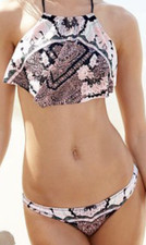 New VICTORIA'S SECRET Bikini Flounce High Neck Paisley Sequined Swimsuit S XS