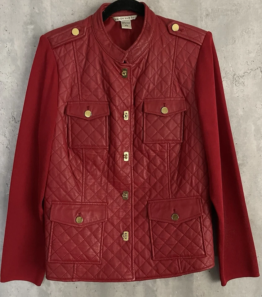 Peter Nygard Quilted Leather/Knit Red Jacket/Sweater Gold Latch Closure Sz Lrg