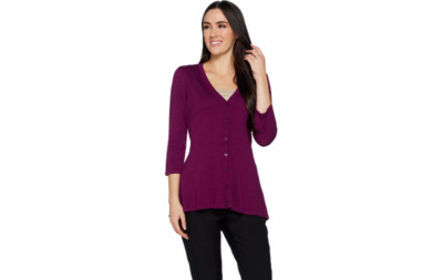 Isaac Mizrahi Live! V-neck Peplum 3/4 Sleeve Cardigan Vivid Plum XS A290990 J