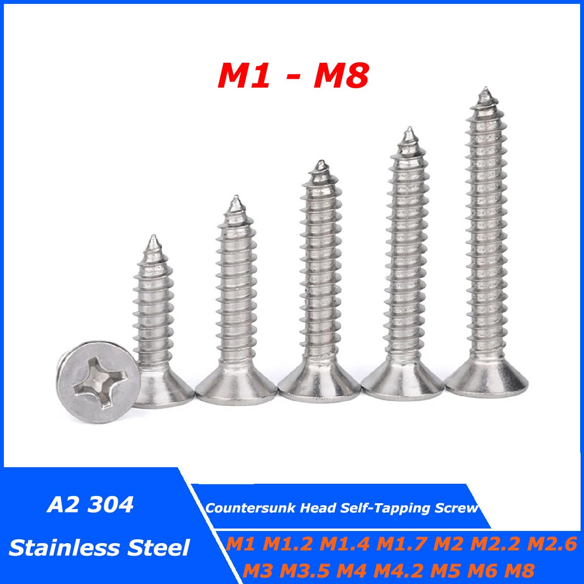 M1 - M8 Self Tapping Screws A2-304 Stainless Steel Phillips Flat Head Wood  Screw